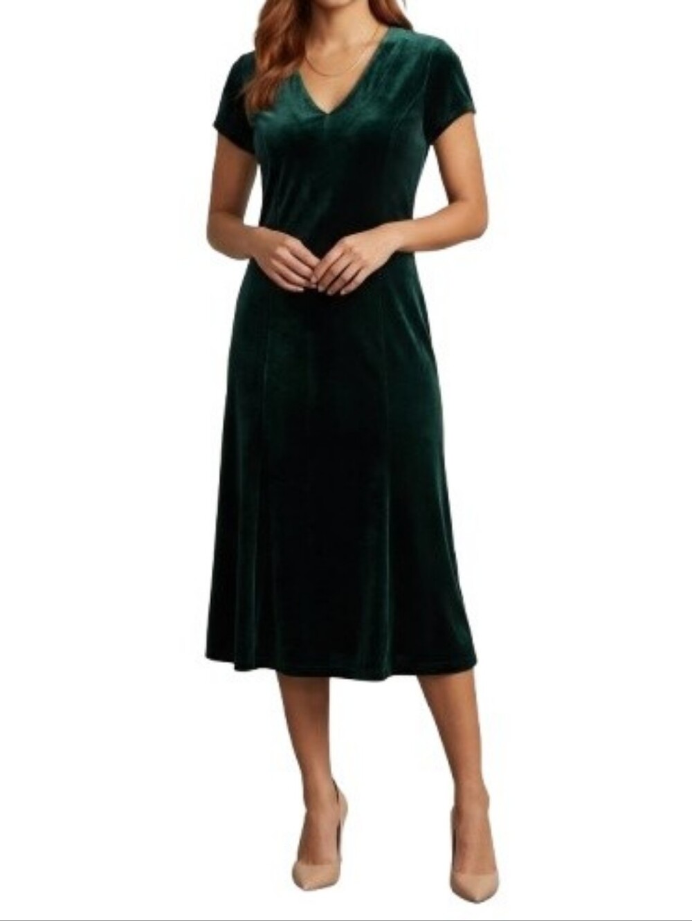 Danny & Nicole VTG Green Velour Dress V-Neck Short Sleeves Christmas Holiday